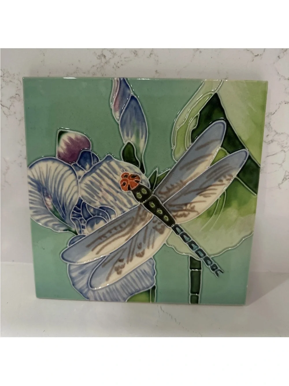 Ceramic Vintage Hand Painted Art Tile w/ Dragonfly Design Wall Hanging 8”x8”